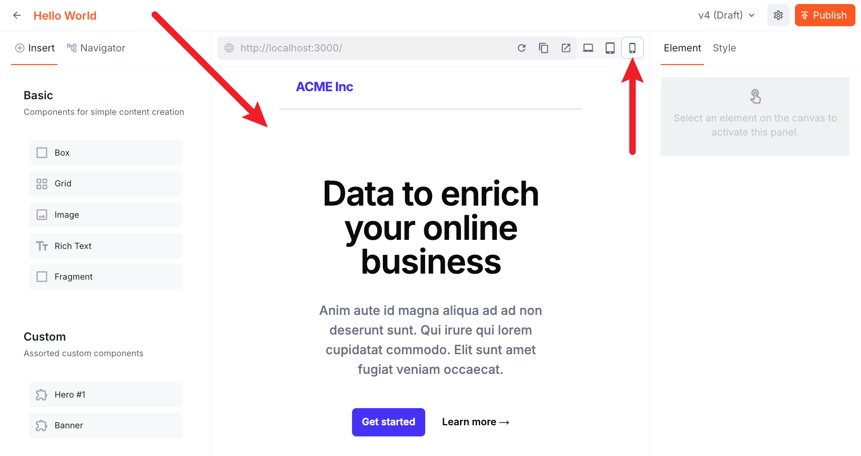 The Website Builder editor with the mobile device control active, showing the page rendered at a narrow mobile viewport width